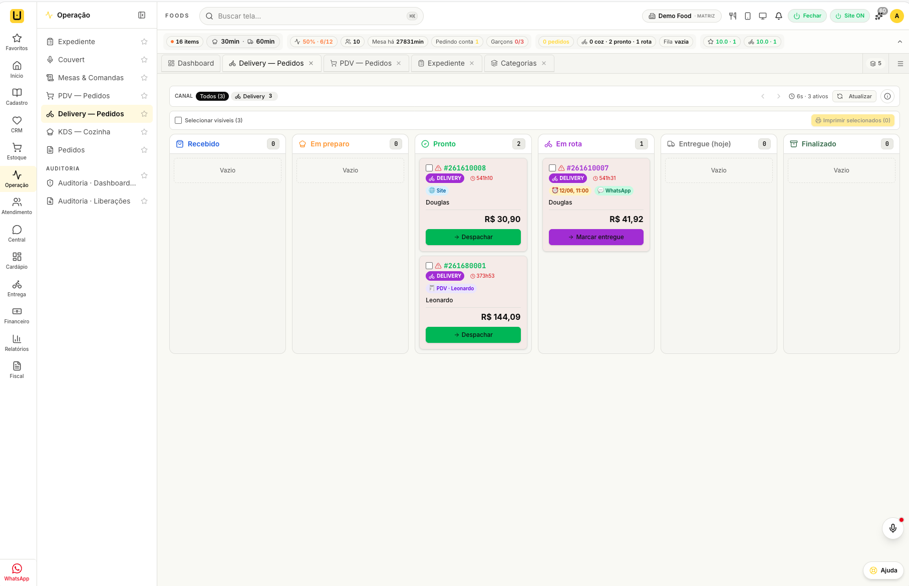Tela do sistema udiFoods — Delivery em tempo real