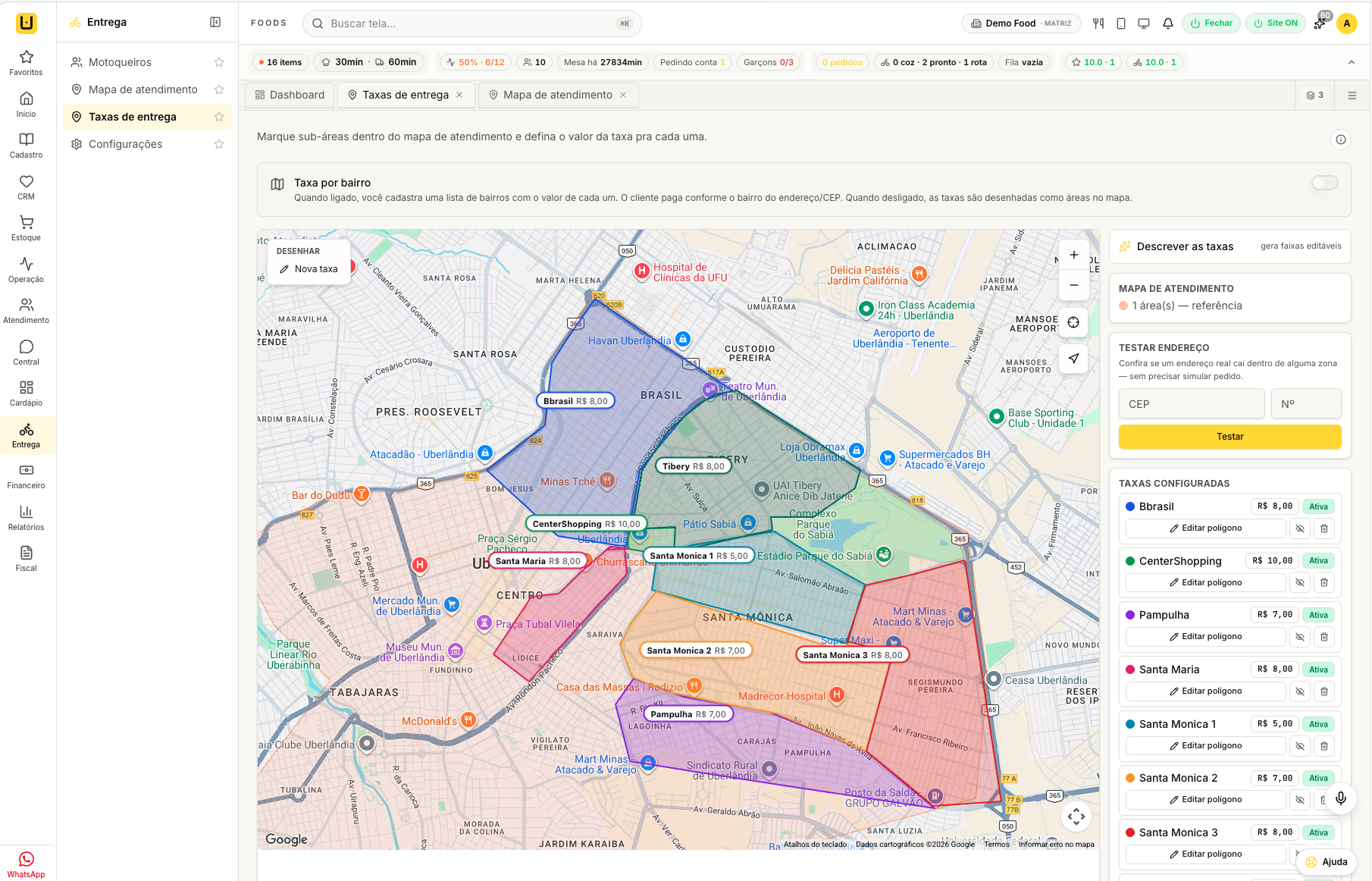 Tela do sistema udiFoods — Delivery — taxas por zona