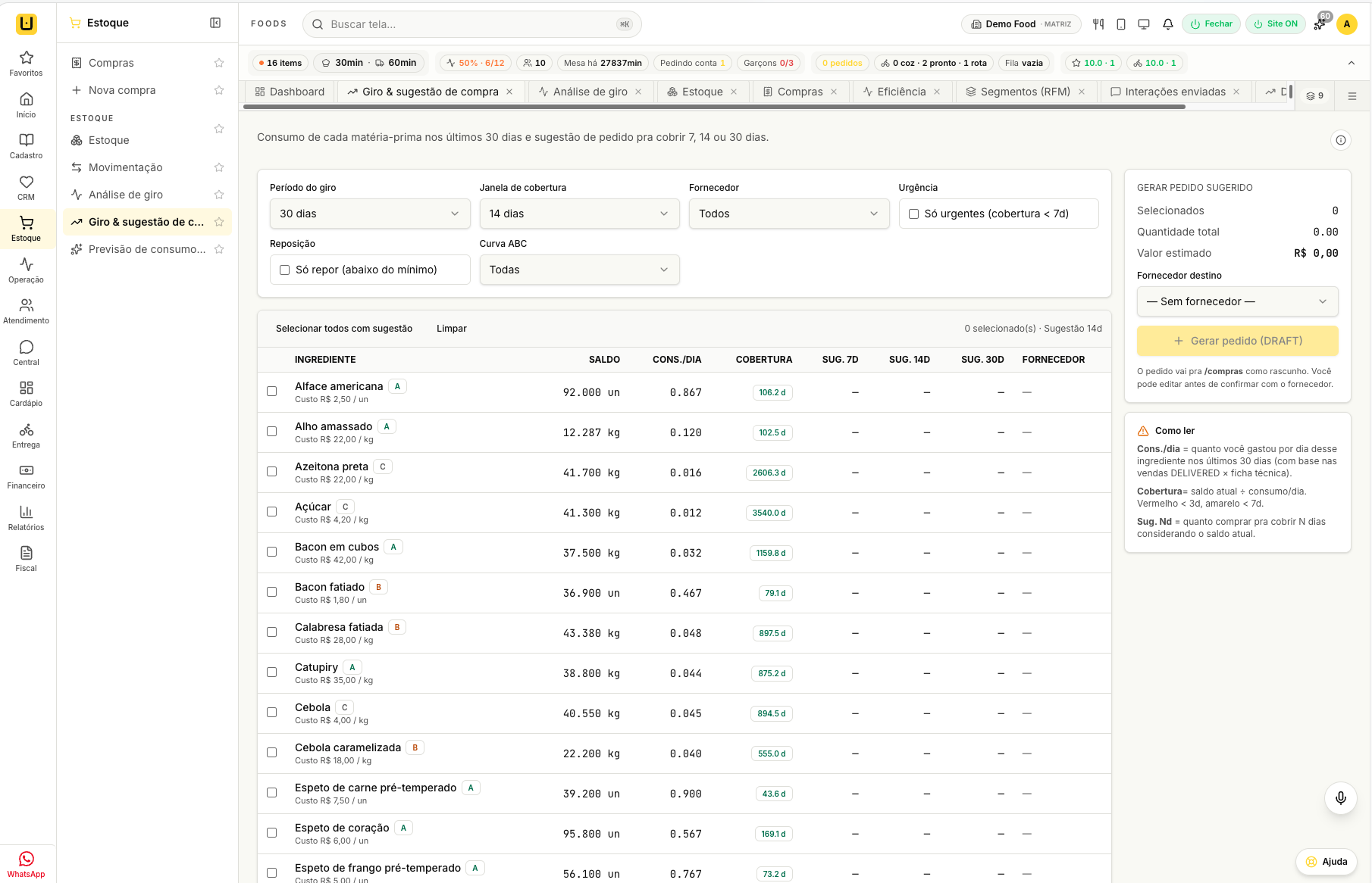 Tela do sistema udiApps — Estoque / giro / custos